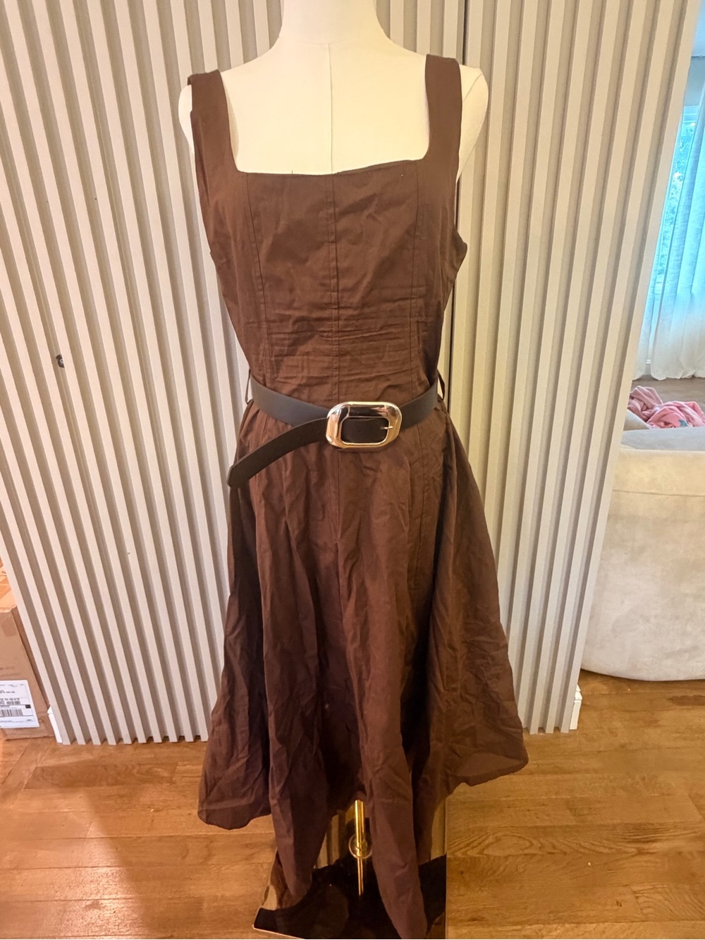 Zara Brown Square-Neck Maxi Dress with Wide Belt - Small - NWT